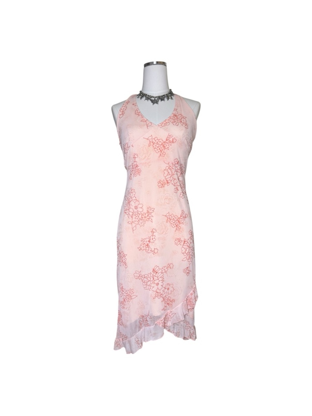 Y2K Taboo Pink Halter Floral V-Neck Midi Dress Size Medium
